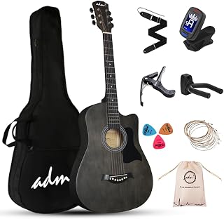 ADM Guitarra acústica para principiantes, 38 pulgadas, color azul para niños, estudiantes, adultos (cuerda de acero), color negro