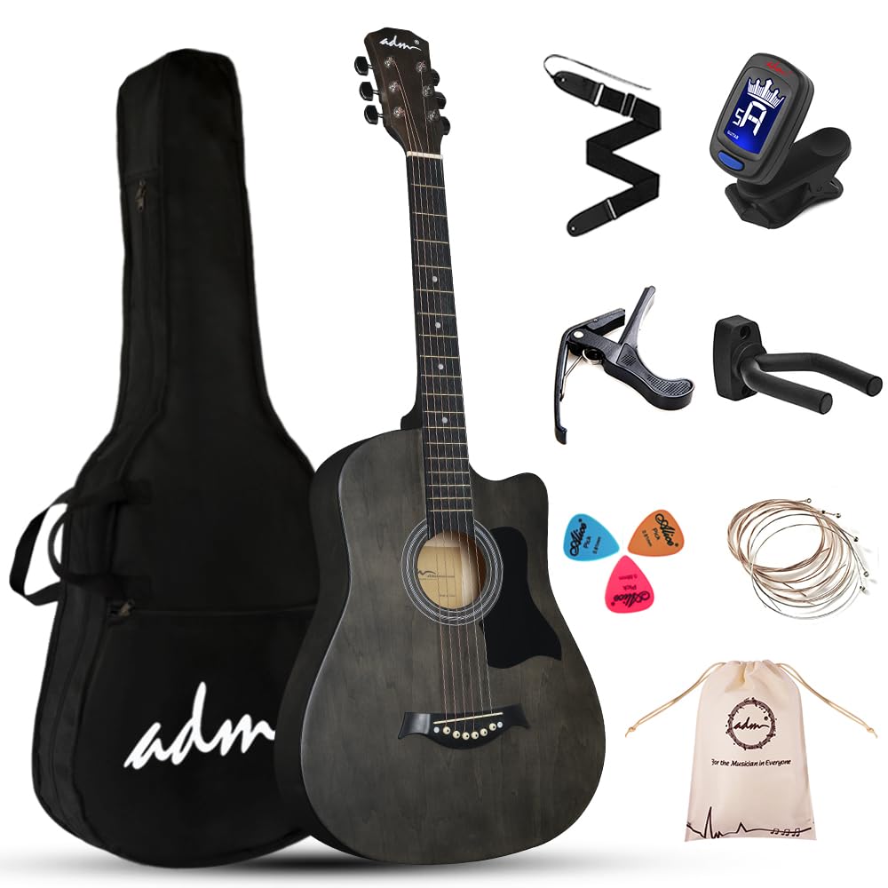 ADM Chitarra acustica da 38" per principianti, chitarra folk blu per bambini, studenti, adulti (corde in acciaio) nero