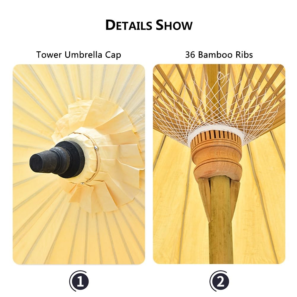 Parasol Ogrodowy 200 cm w Stylu Chińskim, Okrągły Bambusowy Parasol na Taras, Basen, Plaża, łatwe Otwieranie/Zamykanie, Ochrona UV