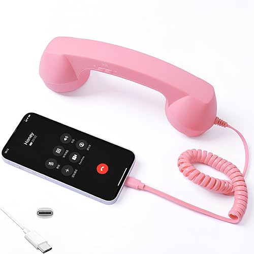 Nuevo teléfono retro 2026, para teléfono retro tipo C, con cable, receptor de mango fijo para celulares, videoconferencias móviles, llamadas (rosa)