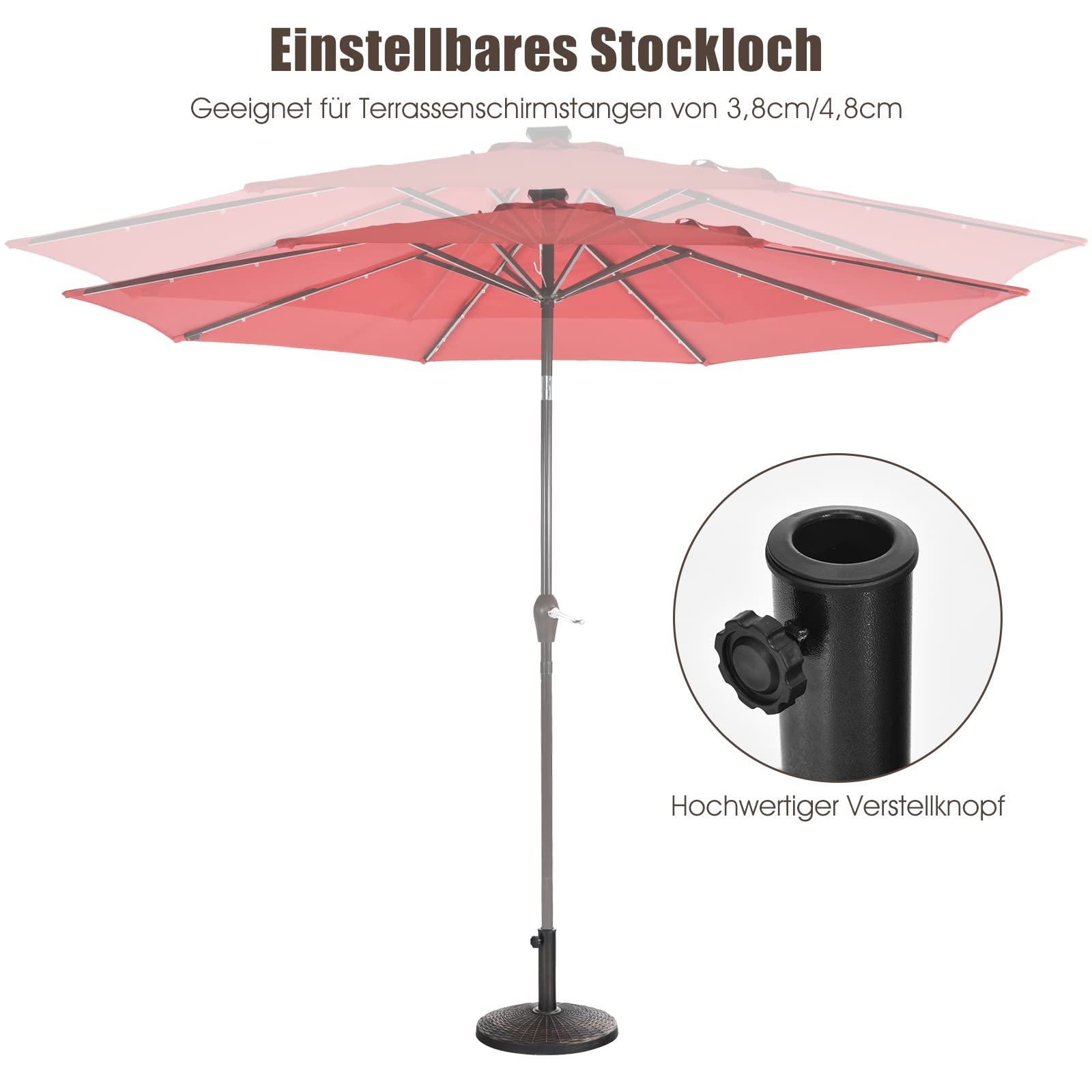 COSTWAY Stojak na parasol przeciwsłoneczny, 10 kg, stojak na parasole 38-48 mm, podstawa parasola przeciwsłonecznego, kolor brązowy, stojak na parasol balkonowy, rattanowy, okrągły stojak do ogrodu, na plażę, basen, brąz