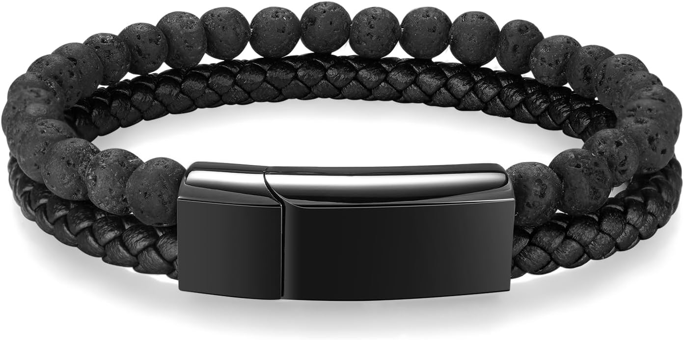 abooxiu Cremation Bracelet for Ashes Urn Bracelets Cremation Jewelry Lava Rock Bead Braided Leather Ash Bracelets Memorial Bracelet for Ashes Healing Ashes Keepsake Bangle Wristband for Men Women