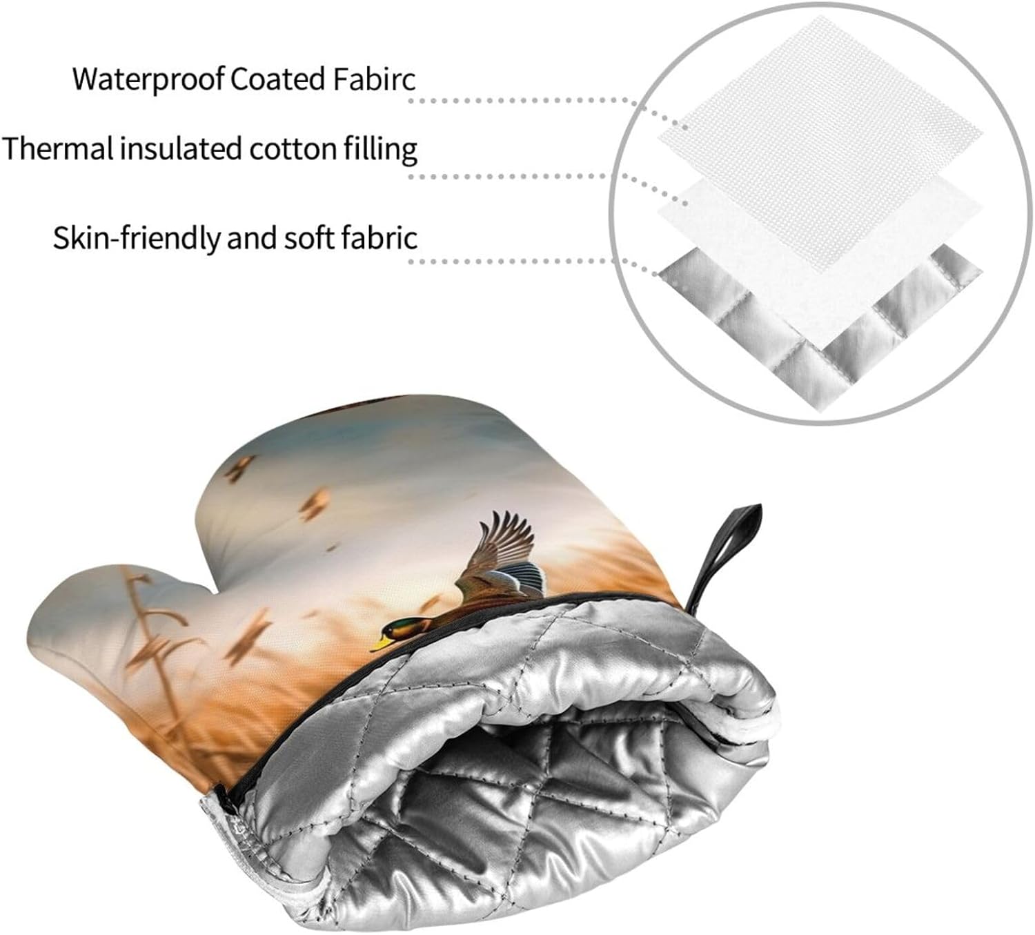 (Hunting Flying Wild Duck) Baking 4-Piece Set: 2 Oven Mitts and 2 Pot Holders Heat Resistant Waterproof Hanging Loop for Kitchen Oven Grill Housewarming Gifts