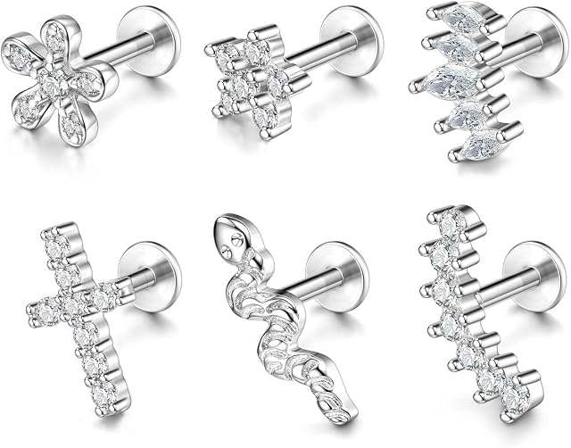 JOVIVI Hypoallergenic Surgical Steel Stud Earrings, Silver Cubic Zirconia Earrings for Women,6pc Cartilage Helix Sleeper Earrings Ear Piercing Jewellery Girls Gifts for Her Valentines Day