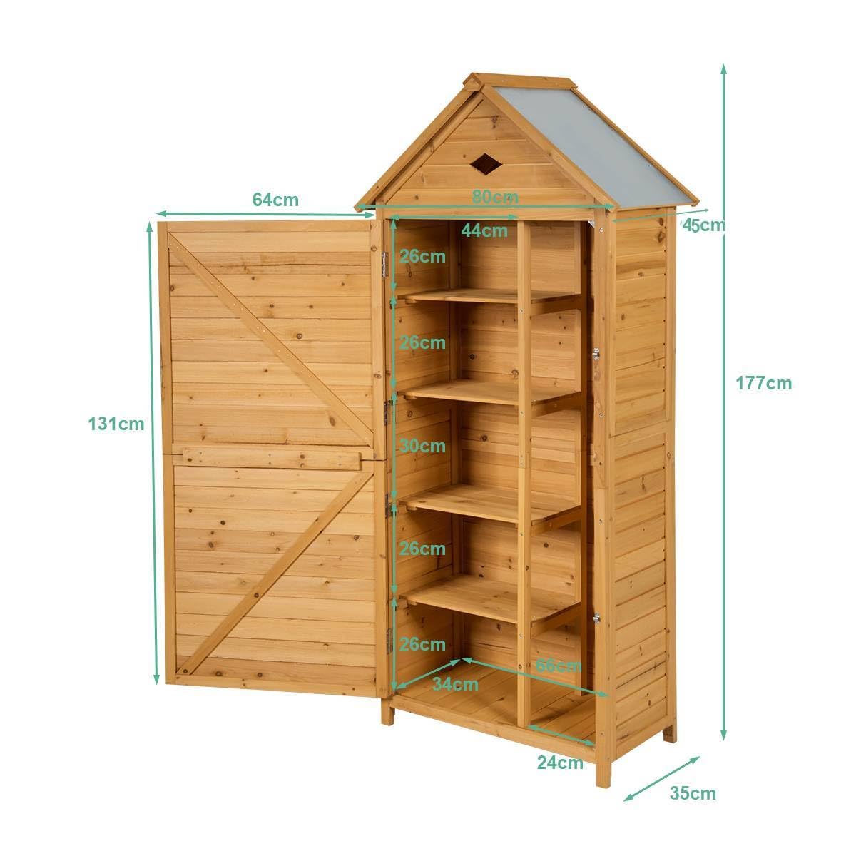 GYMAX Armadio da Esterno in Legno, Casetta Porta Attrezzi da Giardino con Ripiani Rimovibili, Capanno Tetto in Lamiera Zincat Impermeabile, con 2 Porte, 80 x 45 x 177cm(Stile 1)