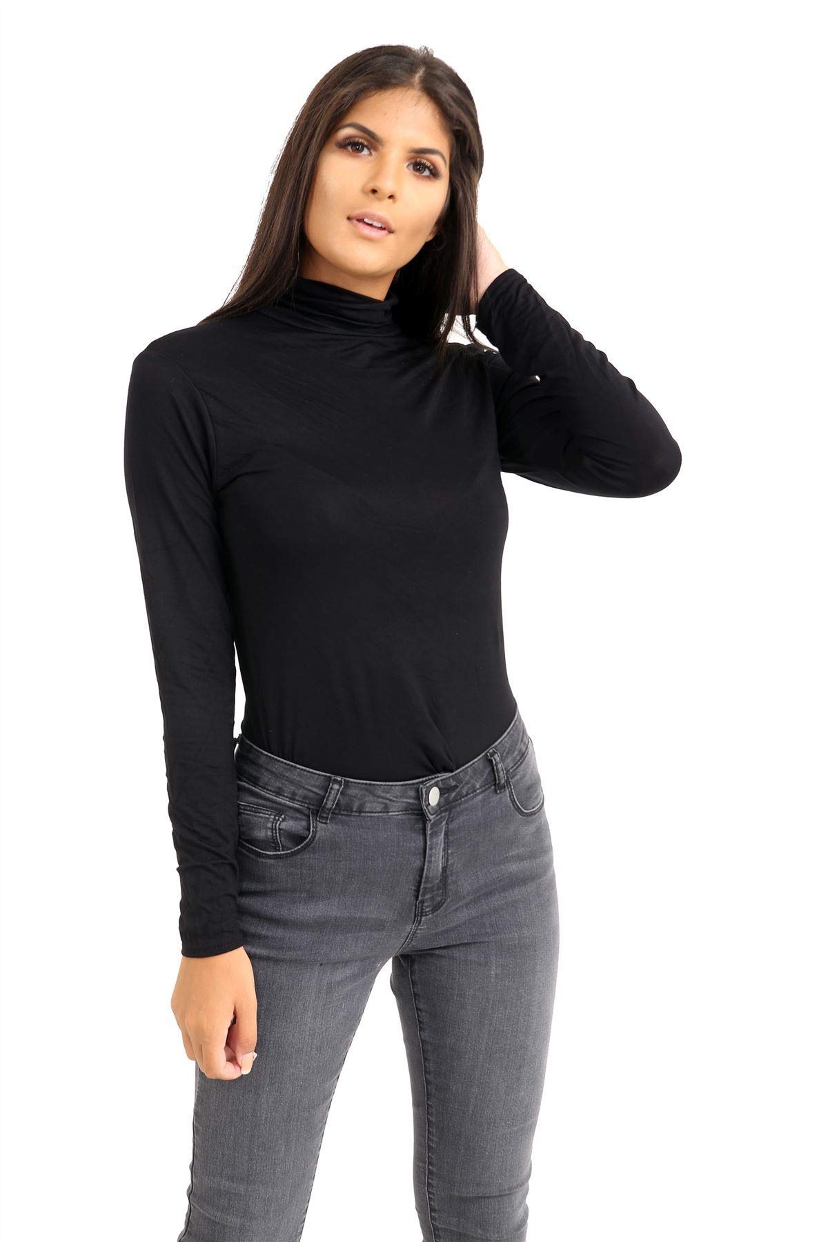 Janisramone Women's Black Long Sleeve Turtle Polo Neck T-Shirt Slim Fit Jersey Casual Basic Plain Tee Vest Top