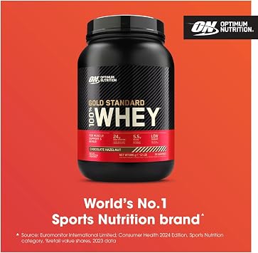 Optimum Nutrition Gold Standard 100% Whey Muscle Building and Recovery Protein Powder With Naturally Occurring Glutamine and BCAA Amino Acids, Chocolate Hazelnut Flavour, 28 Servings, 896 g