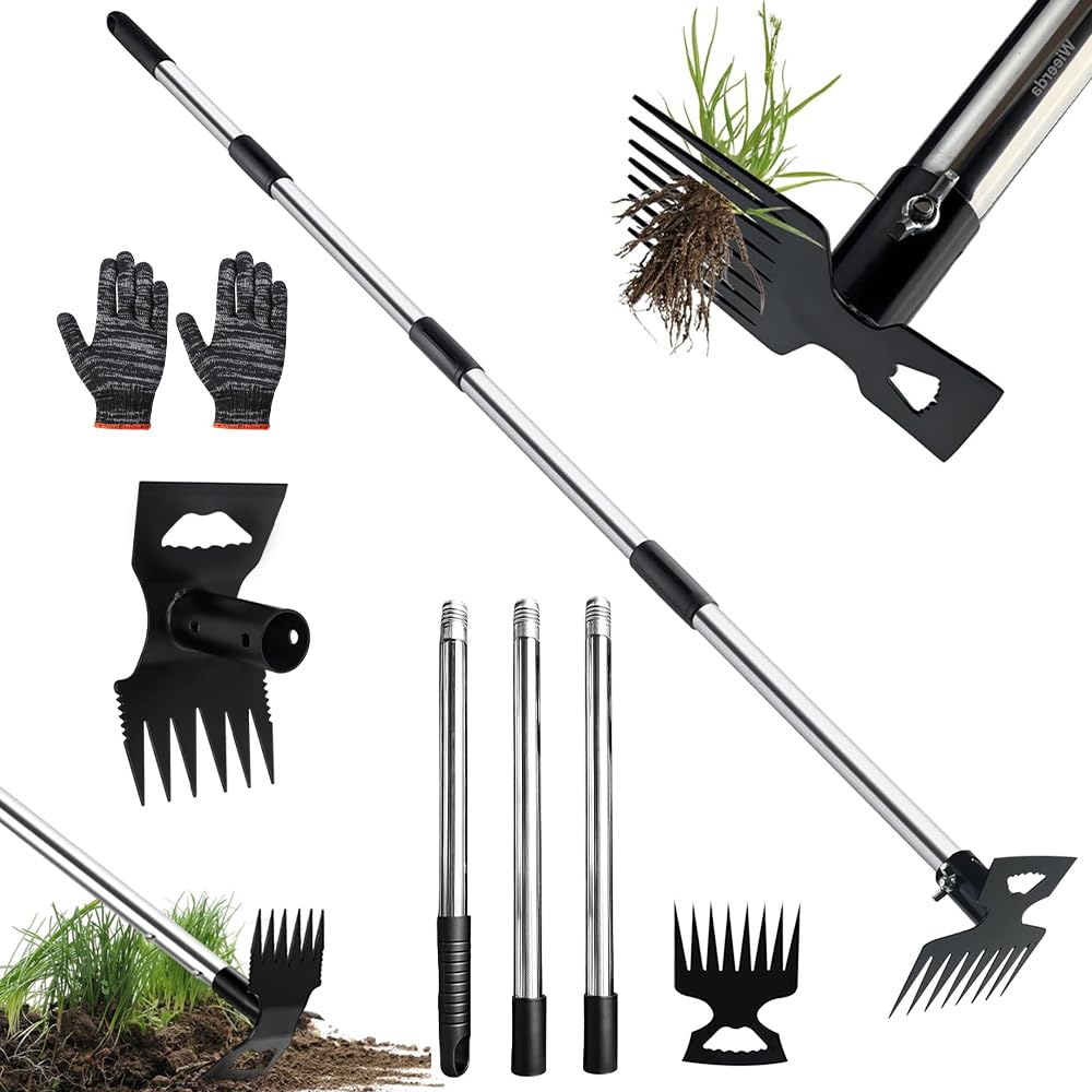 BIZOI 160cm Weed Puller Tool with Long Handle, 2 in 1 Heavy Duty Manual Garden Hoe & Weeding Rake, Weed Remover with Detachable Pole & Gloves Gardens Tools for Yard Lawn Garden Patio Flower Beds