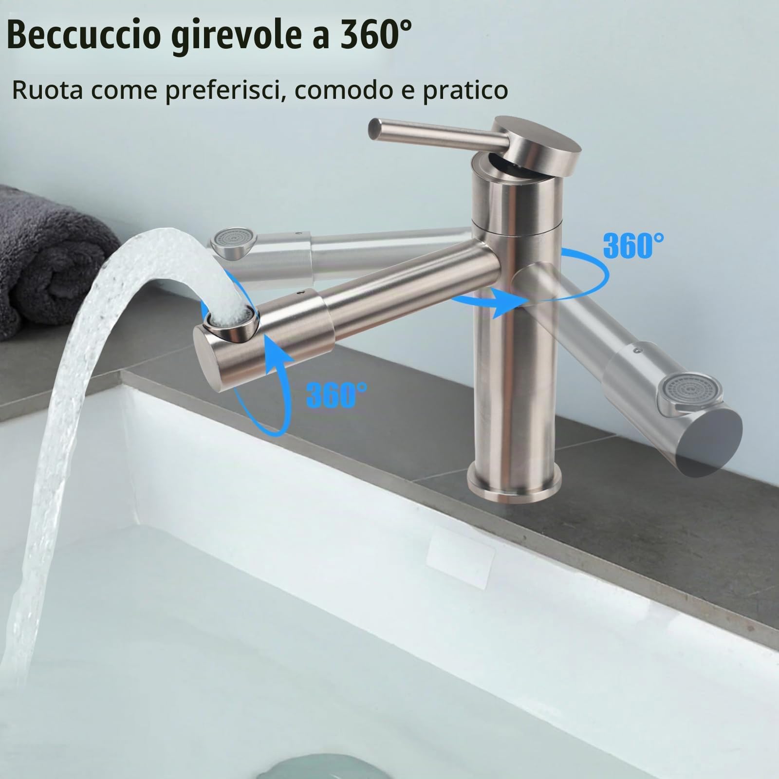 Rubinetto Bagno Lavabo 360° Girevole Miscelatore Lavabo Bagno | Rubinetto Monocomando Fredda e Calda Rubinetto per lavabo con Cartucce in Ceramica in Acciaio Inox Spazzolato Argento