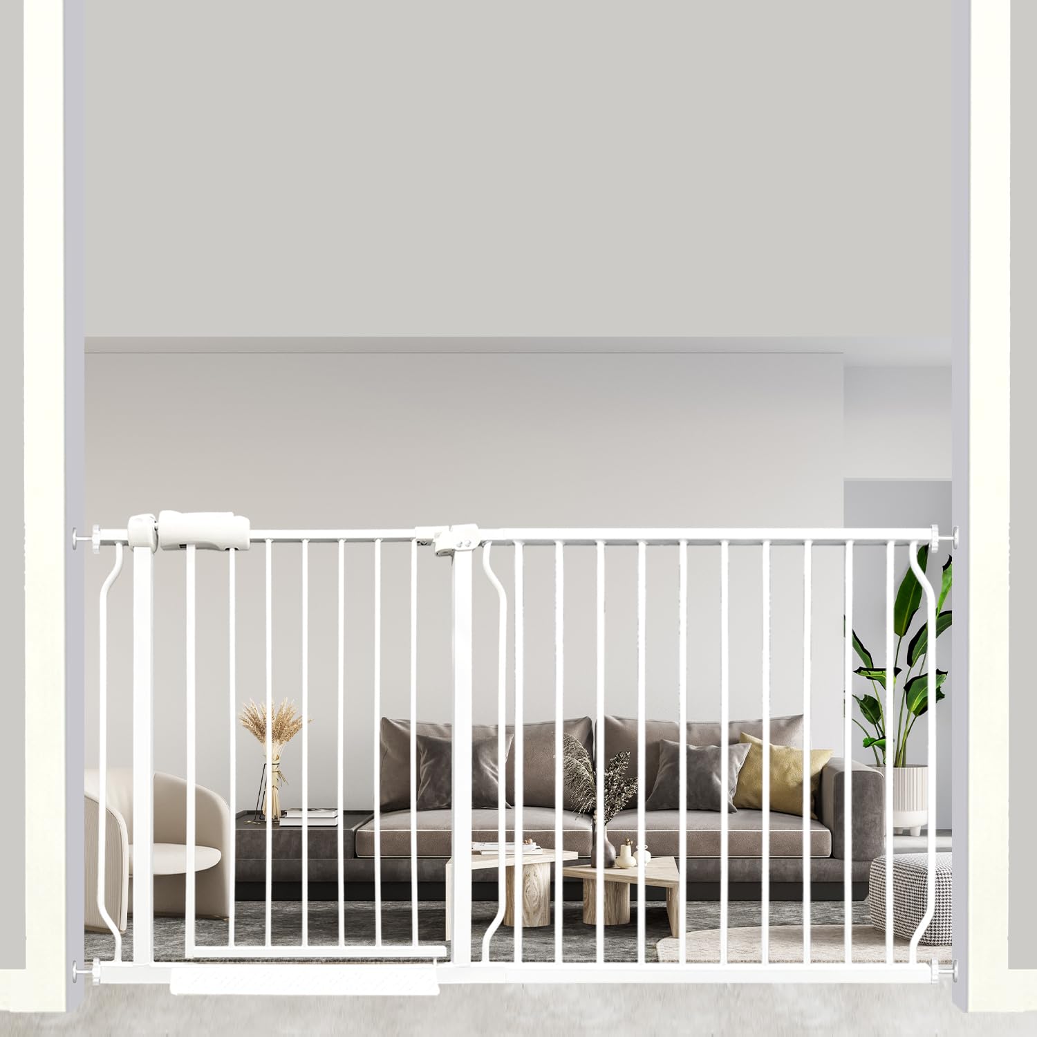 57.5-62 Inch Extra Wide Baby Gate, Auto Close Safety Gate for Kids & Pets, Pressure Mounted No Drill for Indoor Stairs, White Metal with Extension Kit