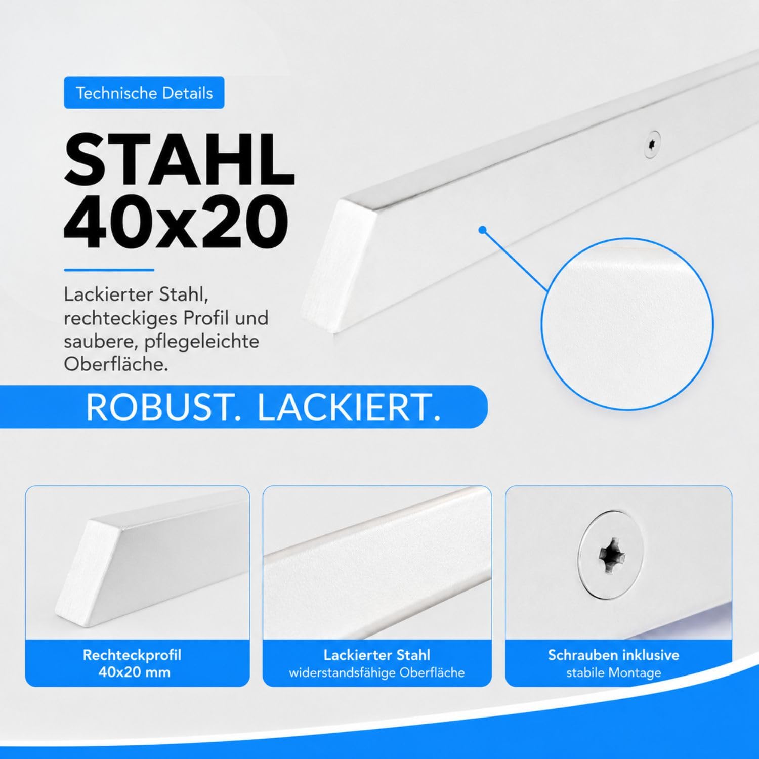 INOXLM lavorazioni inox Rechteckiger Handlauf 40 x 20 mm aus weiß lackiertem Stahl, Handlauf Made in Italy, Farbe schwarz, Handlauf zum Selbermachen, Handlauf ideal für den Innen- und Außenbereich