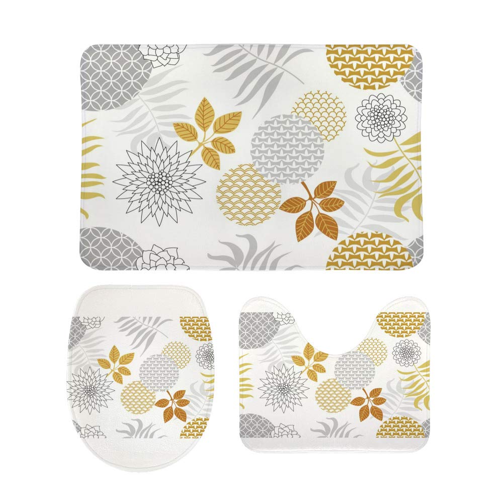 Tapis de salle de bain antidérapants lavables floral doré argenté lot de 3