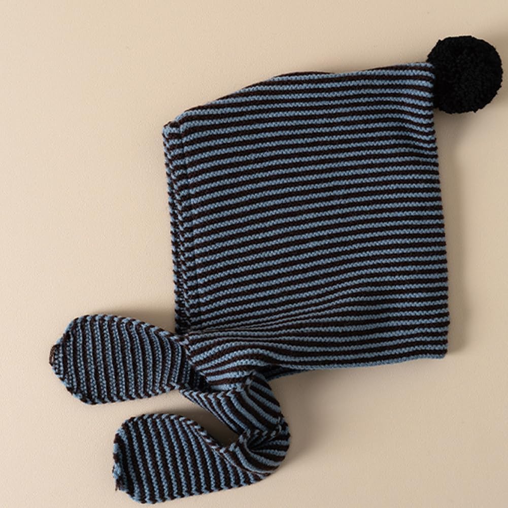 Girls Knit Hat Winter Striped Warm Hats Boys Beanie Trap Caps Ear Flap Tie Up with Pom 2-8 Years