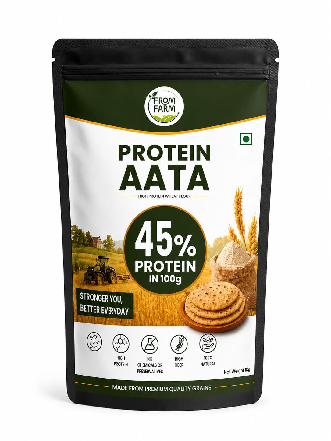 FROM FARM Protein Aata 1kg | High Protein Wheat Flour | 45g Protein per 100g | High Fiber Atta | Healthy Flour for Chapati, Roti & Paratha | 100% Natural | No Preservatives (1kg)-image-36