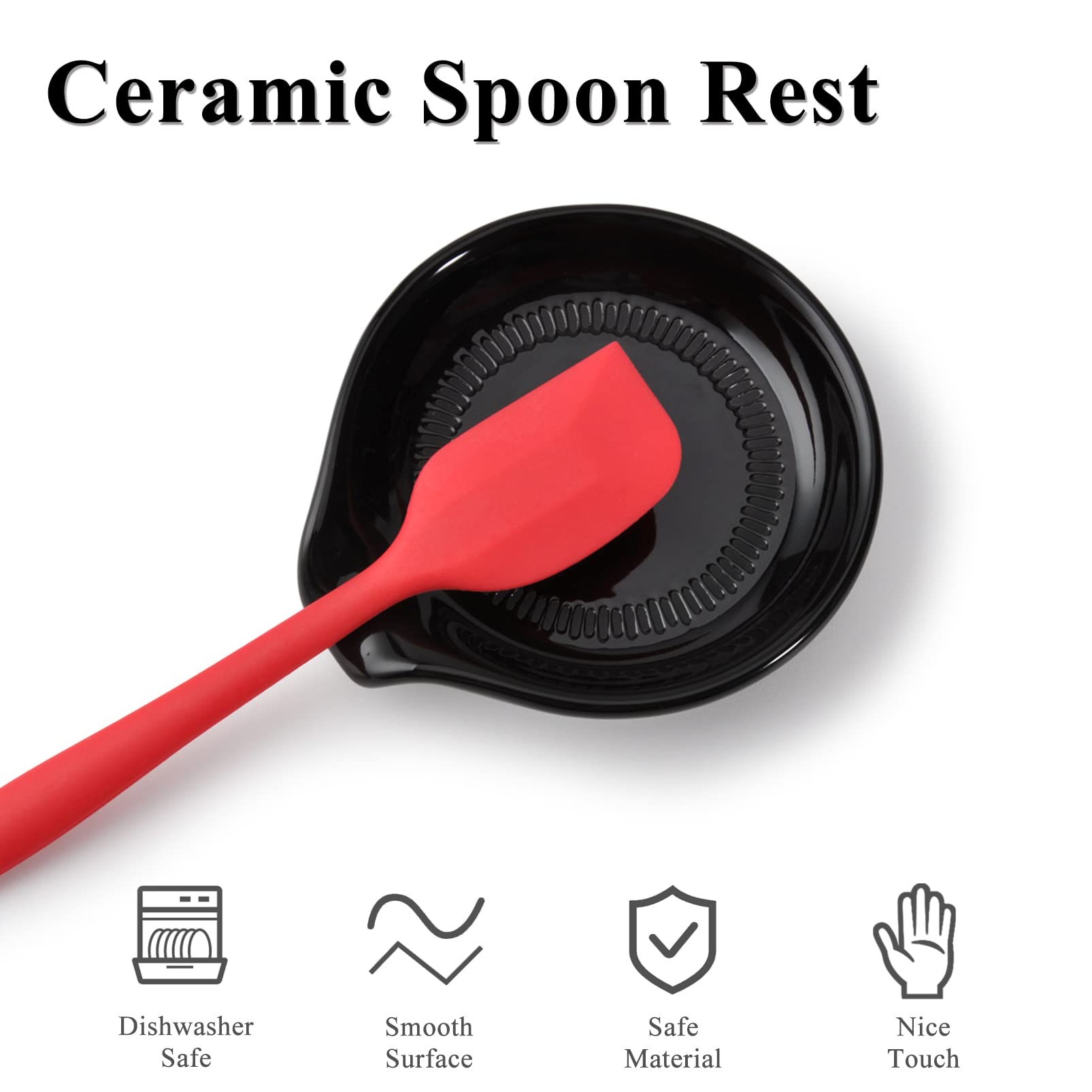 Repose Cuillère Cuisine Céramique, Porte-Ustensiles Multifonction, Rangement Porcelaine Vintage Résistant à la Chaleur (Noir)
