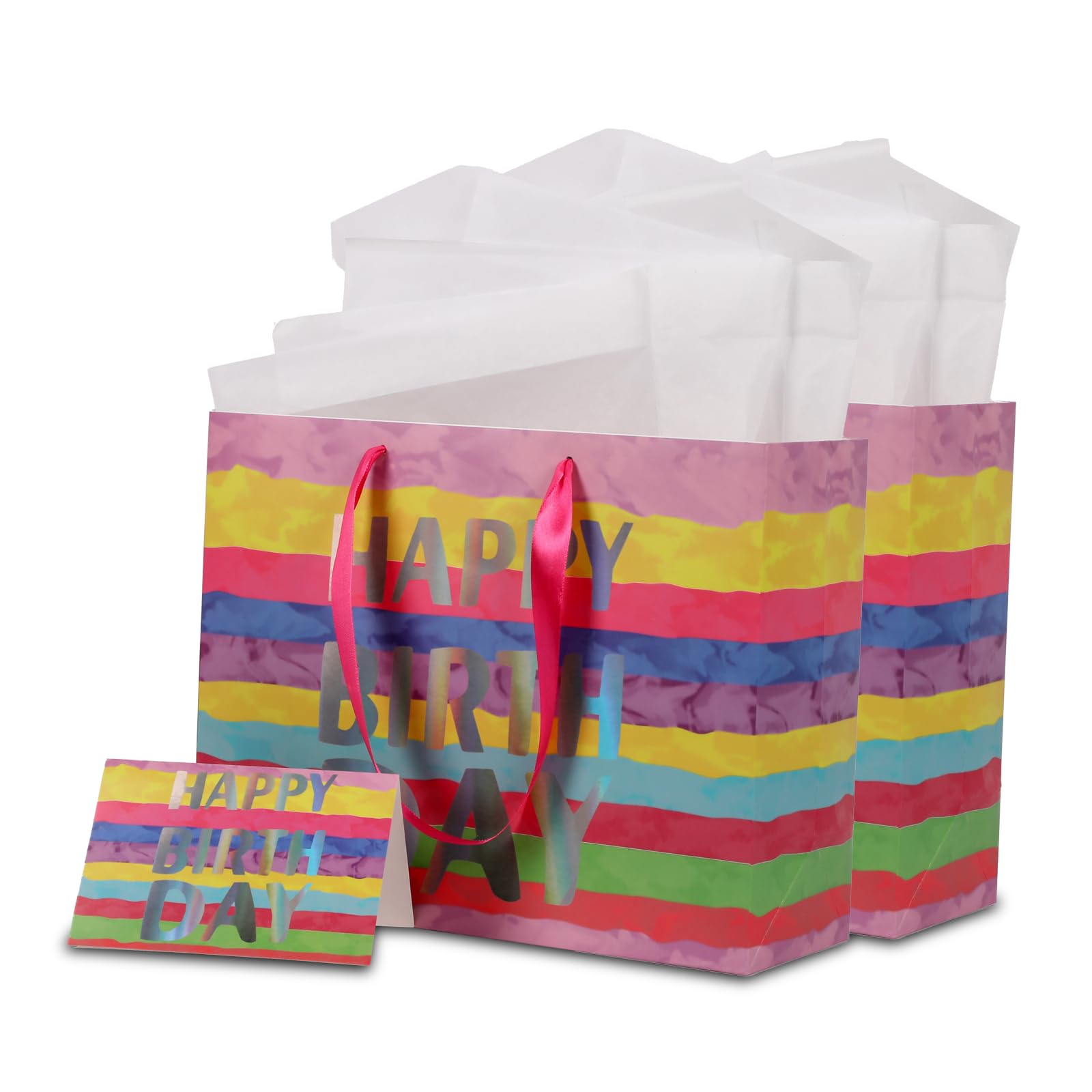 JOZEA Medium Birthday Gift Bags with Tissue Paper and Cards, 2-Pack Birthday Present Tote Bags with Handles, All-in-One Gift Wrapping Kit for Kids Adults Friends, 33x26x12cm(Rainbow)