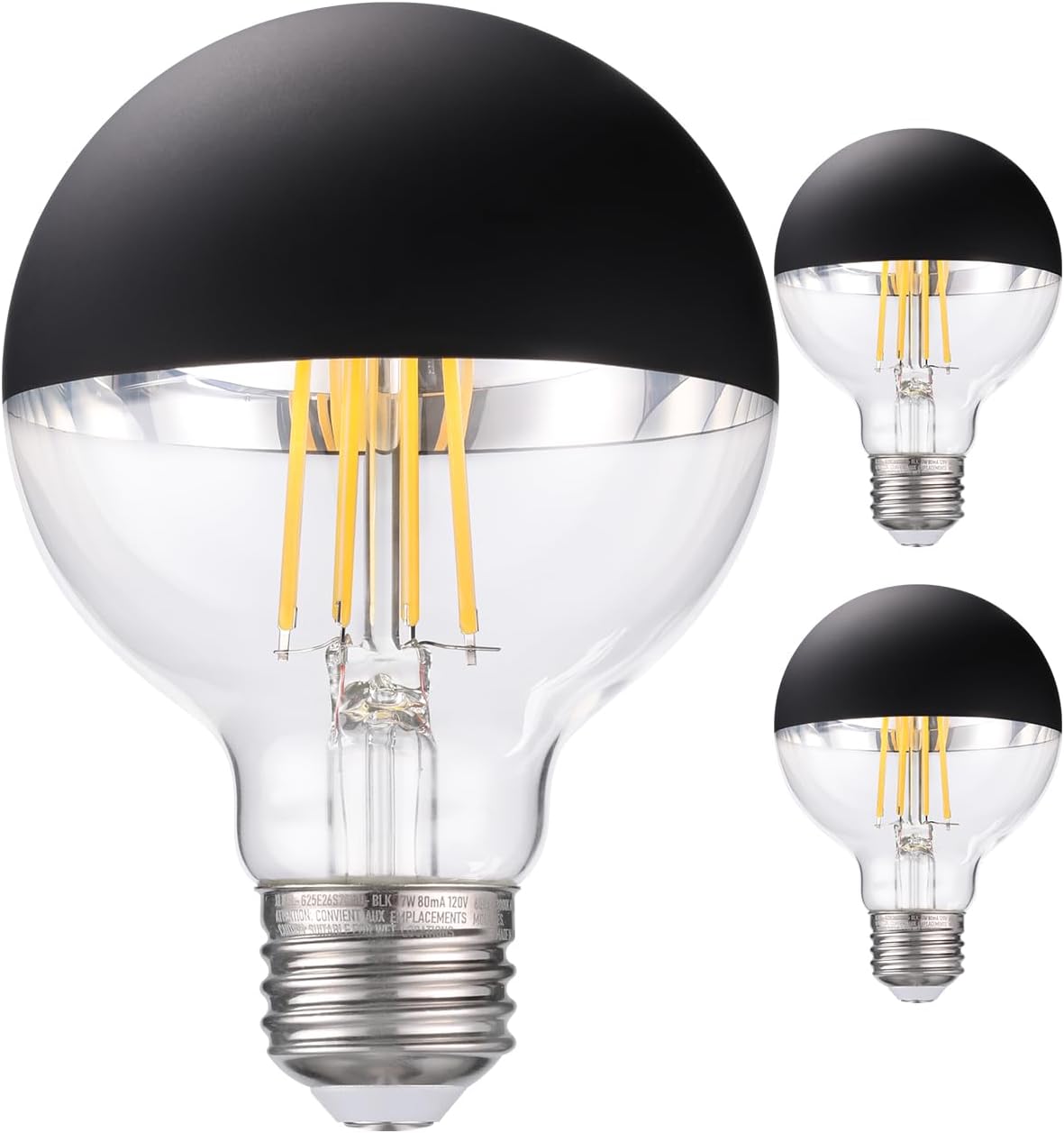 TORCHSTAR Dimmable Half Chrome Light Bulb, 7W (75W Eqv.), Anti Glare LED Light Bulbs, UL Listed, E26 Silver Dipped Bulb, G25 Globe Light Bulbs for Bathroom, Vanity, Mirror, 3000K Warm White, Pack of 3