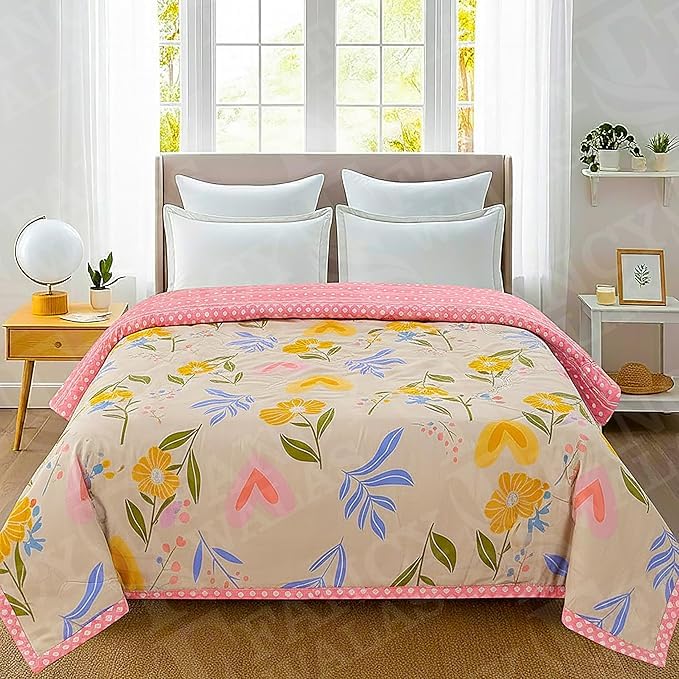 Image of Summer Blanket 100% Cotton Reversible Ac Comforter and Cooling Classic Printed Design Quilt | Dohar Single Bed Or Double Bed Quilt Ideal for Gifting (Design Pink Flower, Double Bed)