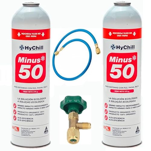 REPORSHOP 2 gasflessen minus 50 375 g + ventiel + reserveslang R22 R404a R407C R502 Freeze Organico