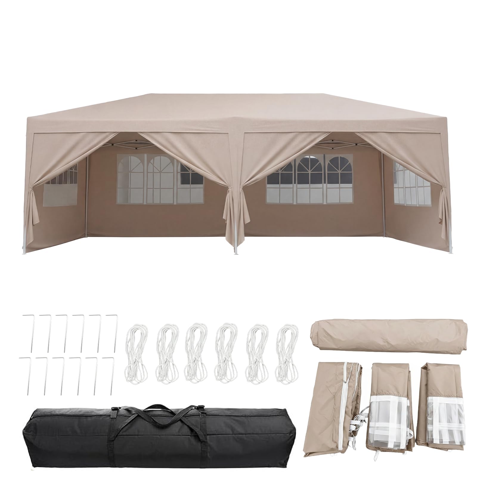 Panana Pop Up Gazebo with Side Panels, 6x3m, Waterproof Canopy Tent with Windows, 3 Height Adjustable Levels, Carry Bag Included (Beige)