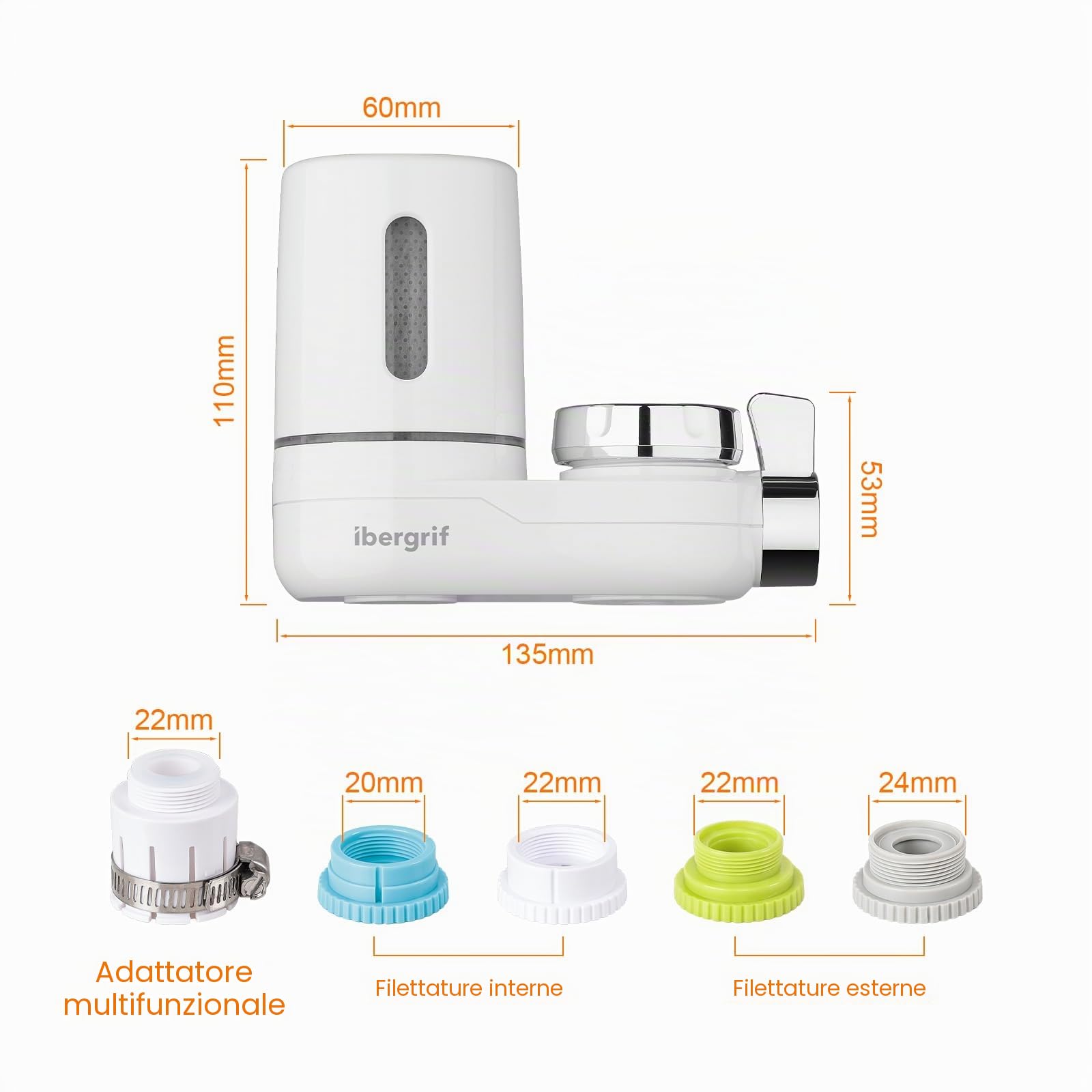 Ibergrif Filtro per l'acqua del rubinetto, Sistema di filtraggio dell'acqua del rubinetto domestico, Filtra efficacemente cloro, sedimenti, metalli pesanti, Adatto per la maggior parte dei rubinetti