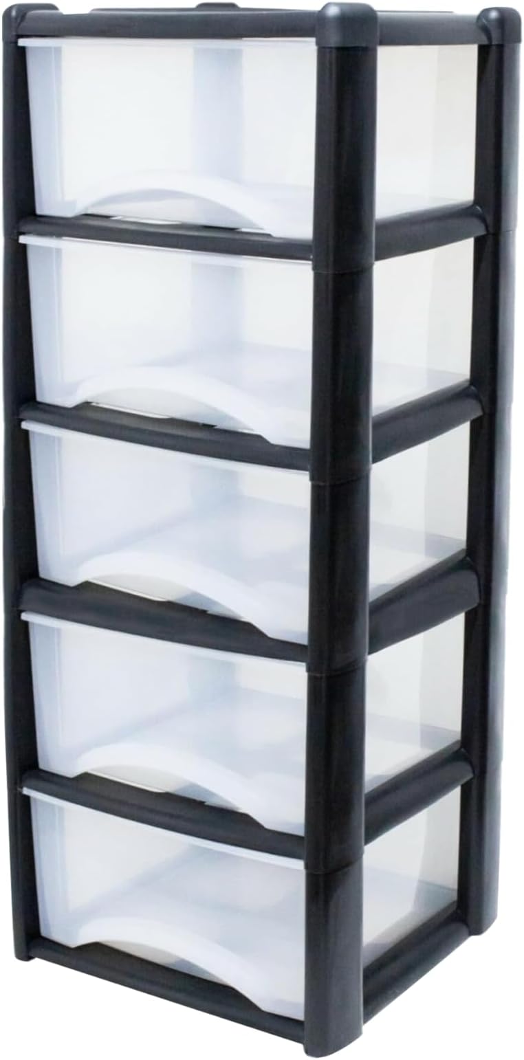 Neat. 5 Plastic Storage Drawers Unit with See-Through Drawers, Compact Vertical Design – Durable Plastic, Ideal for Organizing Office Crafts, and Household Items, 100cm x L39cm x W39cm - Black/Clear