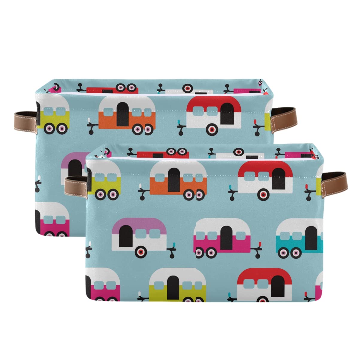 Happy Camper Caravan Square Storage Basket Canvas Storage Organizer Closet Shelf Organizer for Home Office, 2 Pc