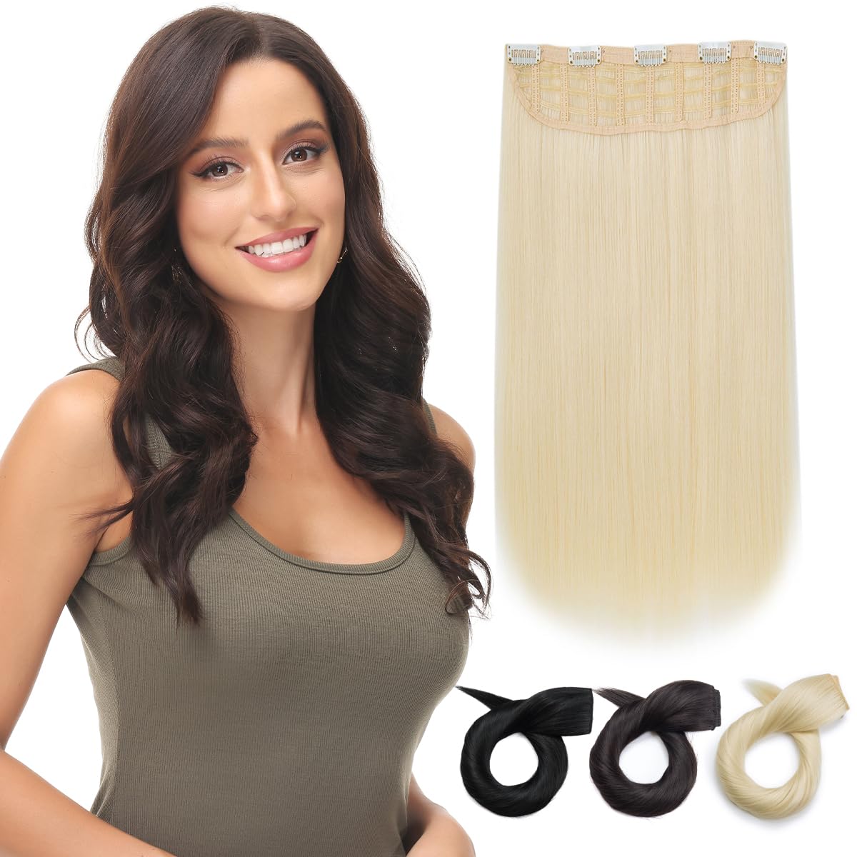 Yamel Clip in Hair Extensions One Piece 5 Clips Long 20 inch Blonde Straight Synthetic Hairpieces 3/4 Full Head Clip in Hair Extension