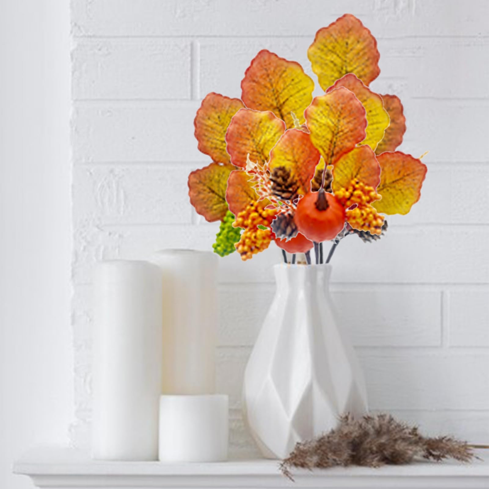 BEIJIALY 6 Pack Artificial Maple Leaves Branches, Pumpkin Picks Fall Picks Artificial Berry Stem, Fall Pick with Pumpkins and Maple Leaves for Harvest Autumn Thanksgiving Day