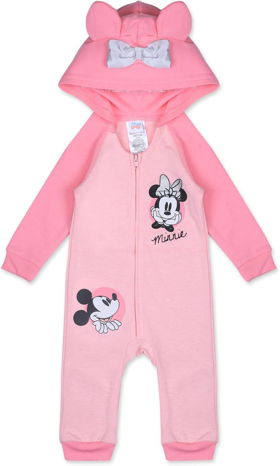 DisneyMinnie Mouse Girlsโ Zip Up Hooded Coverall for Newborn โ Pink/Grey