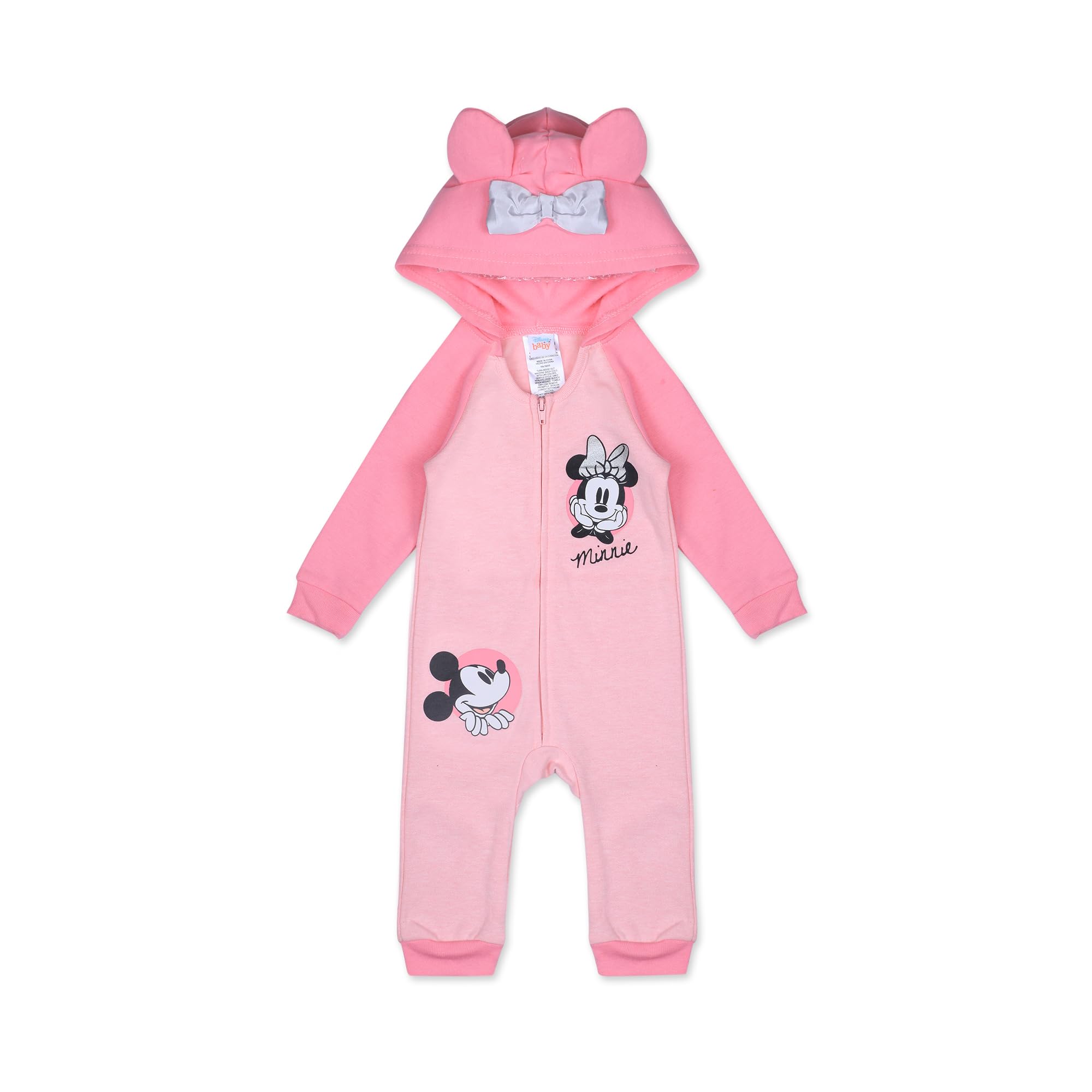 DisneyMinnie Mouse Girls’ Zip Up Hooded Coverall for Newborn – Pink/Grey