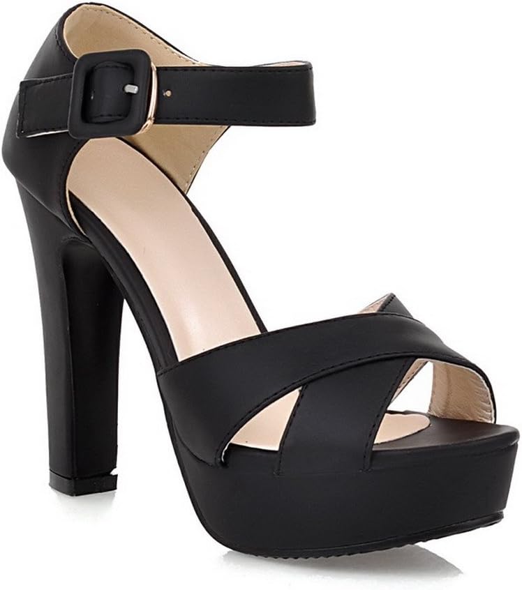 WeenFashion Girls Open Peep Toe High Heel Platform Chunky Heels PU Frosted Solid Sandals with Buckle, Black, 7.5 B(M) US