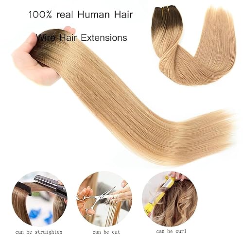 Vista 13 de RECOOL Extensiones de cabello humano real con alambre, balayage, color marrón chocolate a marrón claro y rubio decolorado, extensiones de cabello