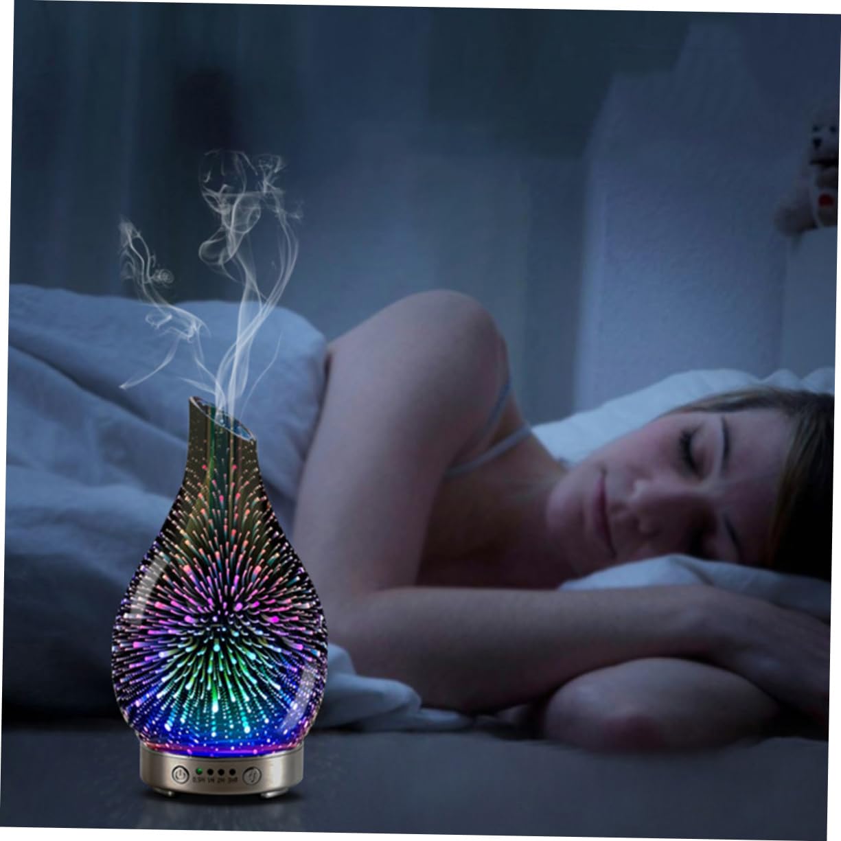 Difusor Humidificador de Vidrio 3D Púrpura Luz Cambiante | Capacidad Inferior a 1 L, Tecnología de Reducción de Ruido, Atomización Suave para Spa y Oficinas