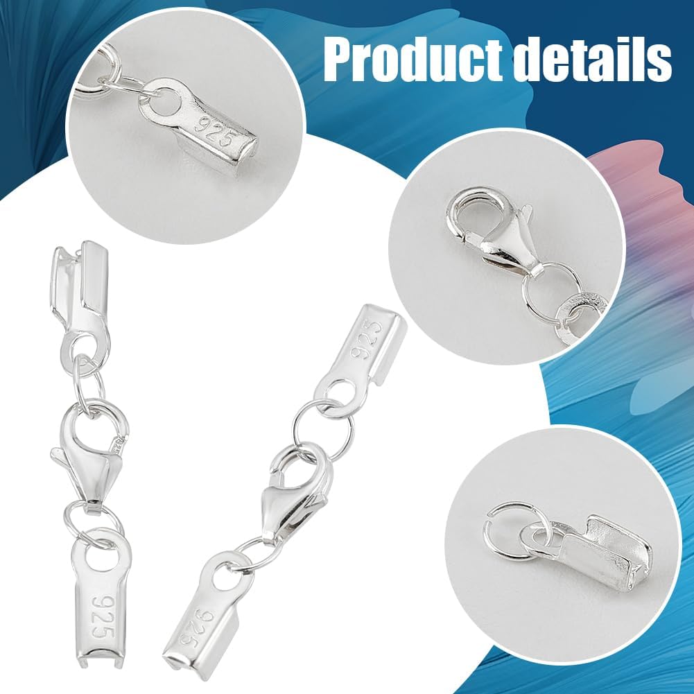 PH PandaHall 6pcs 925 Sterling Silver Fold Over Cord End with Lobster Claw Clasps Cord Crimp End Tips Terminators Ribbon Ending Clasp Tips Jewelry Connector for Bracelet Jewelry Making Craft