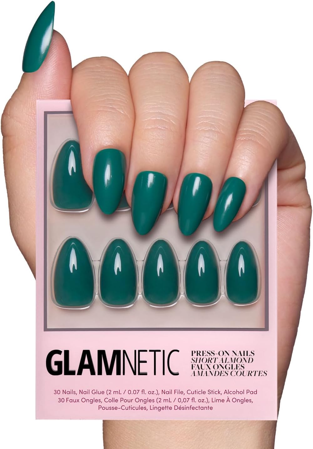 Press On Nails - Emerald Green | Opaque Cool Tone, Deep Emerald Green Short Almond Fake Nails, Salon Quality | 15 Sizes - 30 Nail Kit