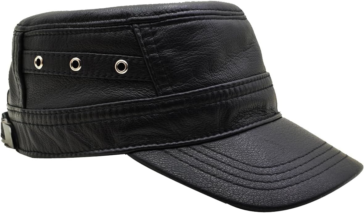 Men's Leather Army Cap Cadet Hat Trucker Dad Hat Military Flat Top Adjustable Baseball Cap