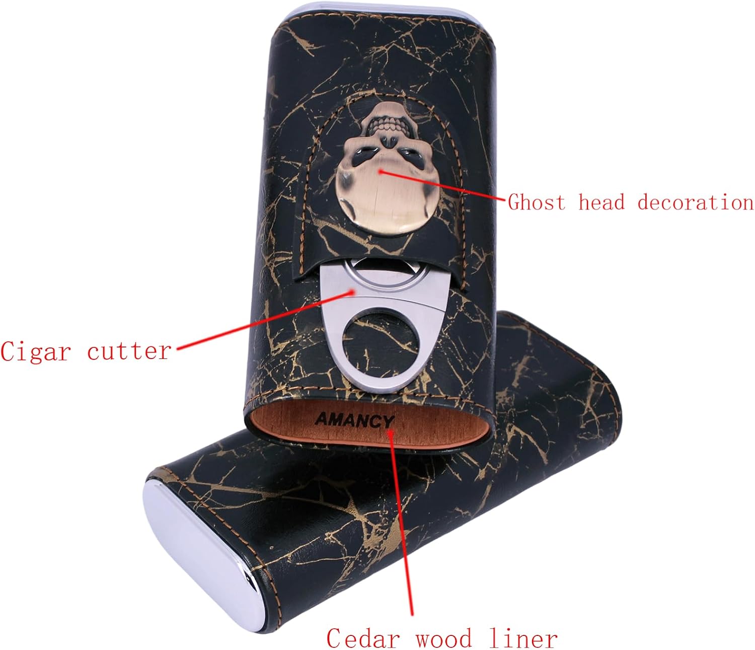 AMANCY Skull Decor 3 Cigar Travel Case, Portable Cigar Humidor Box with Cigar Cutter, Unique Cigar Gifts for Men