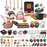 Kids Pretend Kitchen Toy Accessories, Toddler Cooking Playset with Pots and Pans, Utensils Cookware Toys, Play Food and Vegetables, Learning Education Gift for Girls & Boys