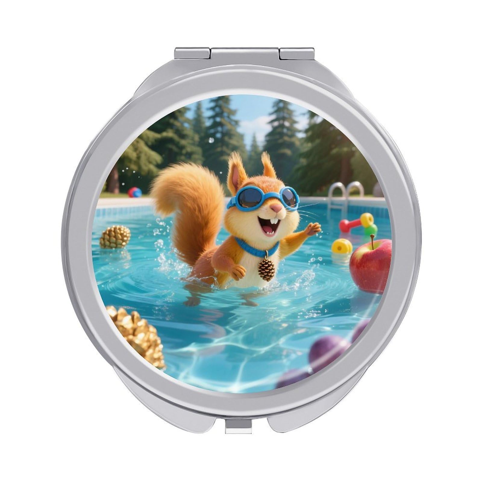 VstaDank Squirrel Pool Joy Makeup Mirror Beautiful Compact Makeup Mirror Silver Mirrors Surface Folding Makeups Lightweight Travel Makeups Mirrors for Suitable Handbag and Purses