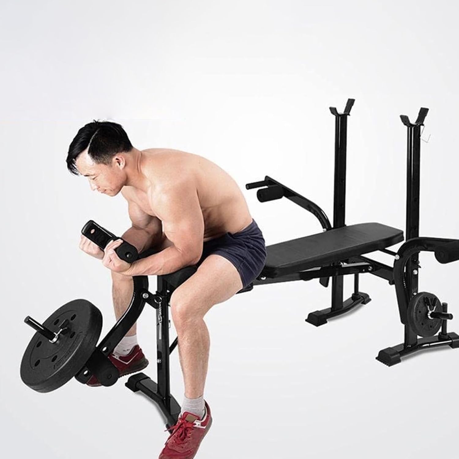 Weight Bench Set Adjustable Bench Press Set Standard Weight Bench Incline with Squat Rack & Leg Extension Foldable Workout Benches Weight Lifting Bench for Home Black