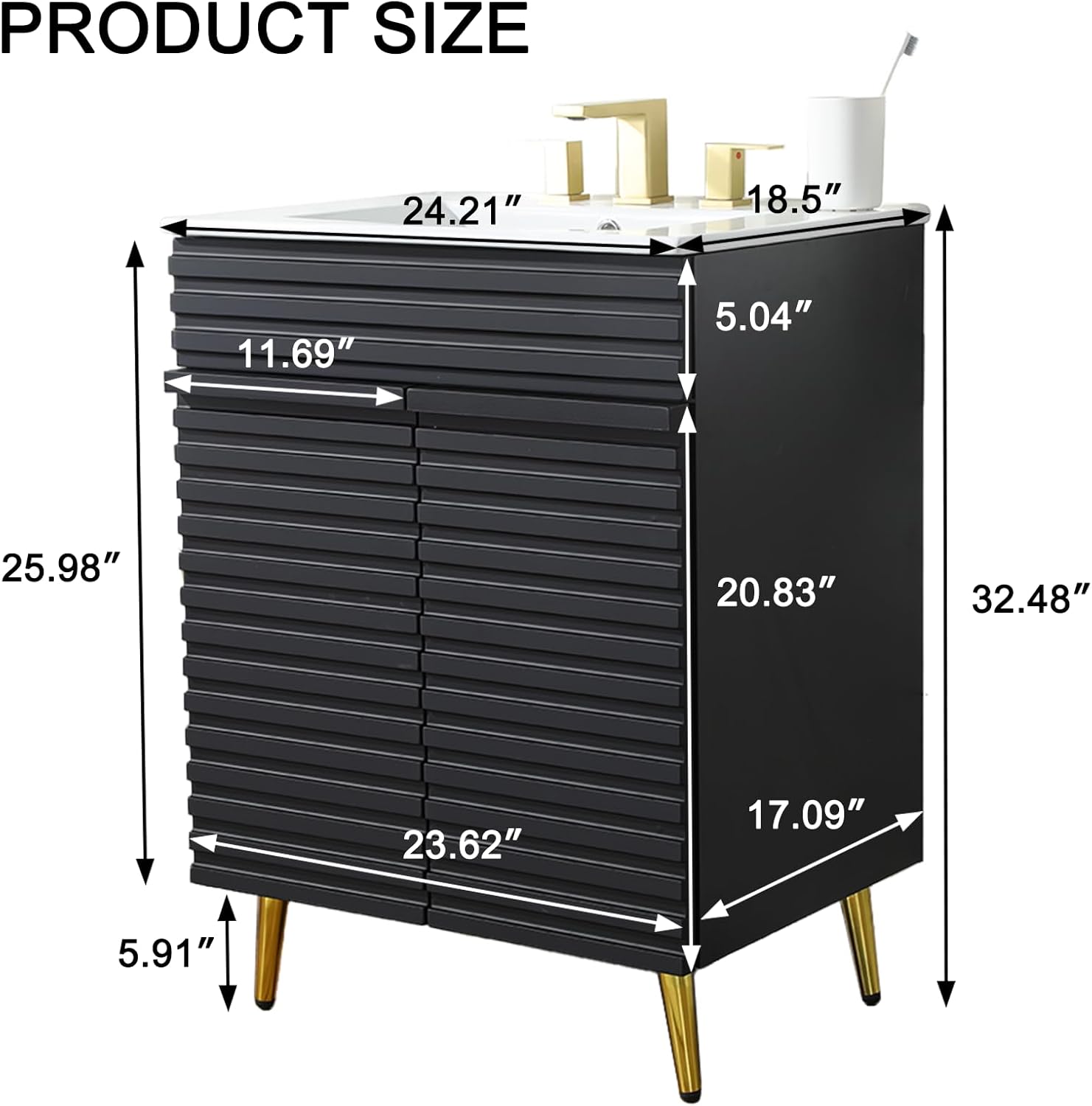 24 Inch Black Bathroom Vanity with Ceramic Sink, Modern Bathroom Cabinet with Soft-Close Doors, Space-Saving Design for Small to Medium Bathrooms