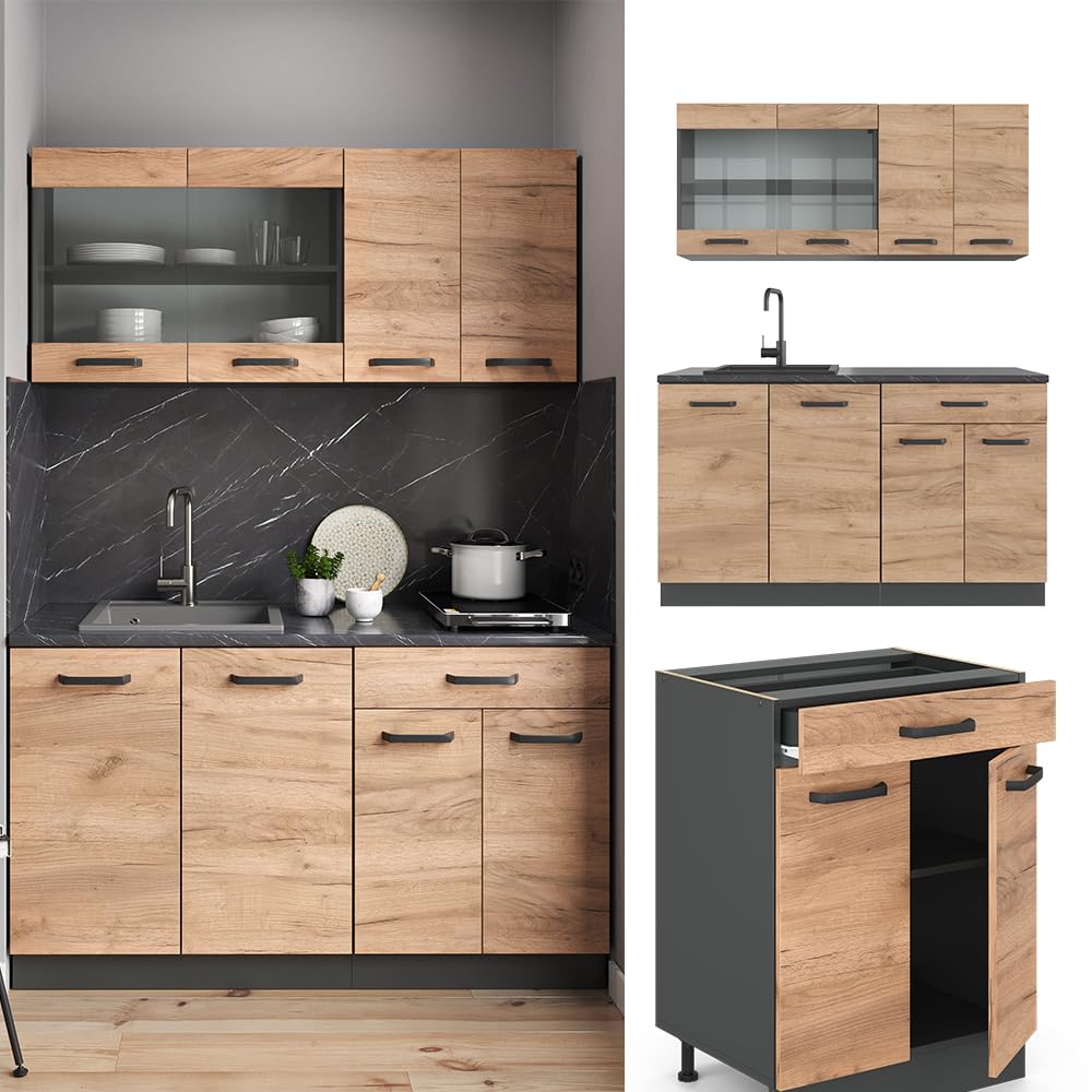 Vicco Сocina versátil R-Line, Roble Dorado, 140 cm sin encimera, Apto para ampliación Flexible con módulos adicionales