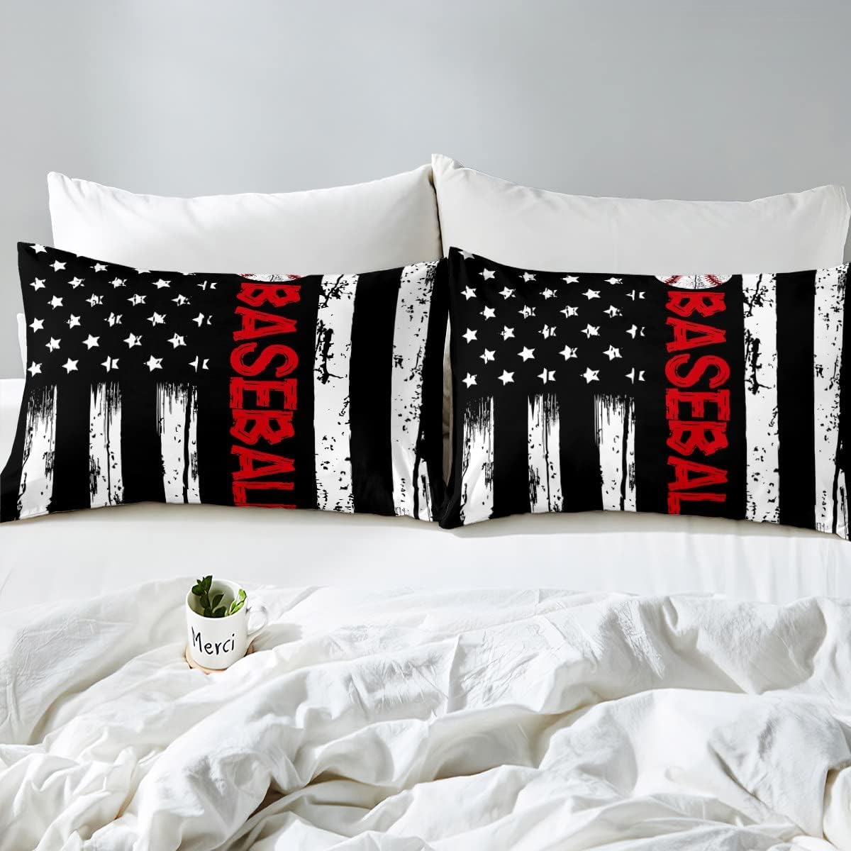 Erosebridal Baseball Comforter Set Full Sports Bedding for Boys Kids Teens USA Flag Quilt Set 3pcs Baseball Print Duvet Geometric Stripe Bedding Set with 2 Pillow Sham Breathable Vintage Home Decor