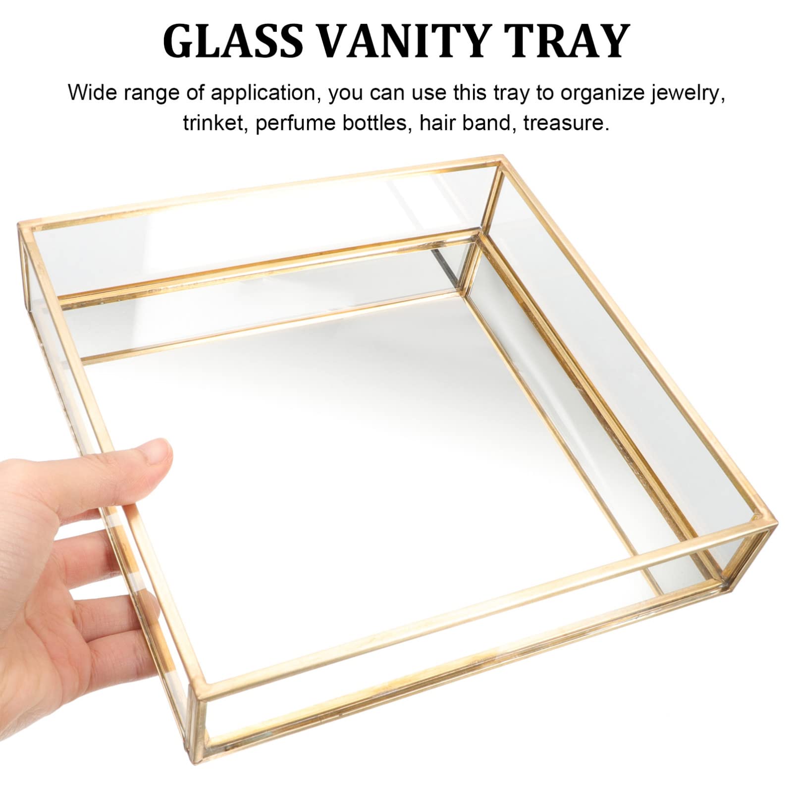 Abaodam Organizer Per Profumi e Vassoio Per Gioielli in Vetro Trasparente Bordo in Ottone, Piatto Quadrato 20x20 Cm Per Bagno e Comò