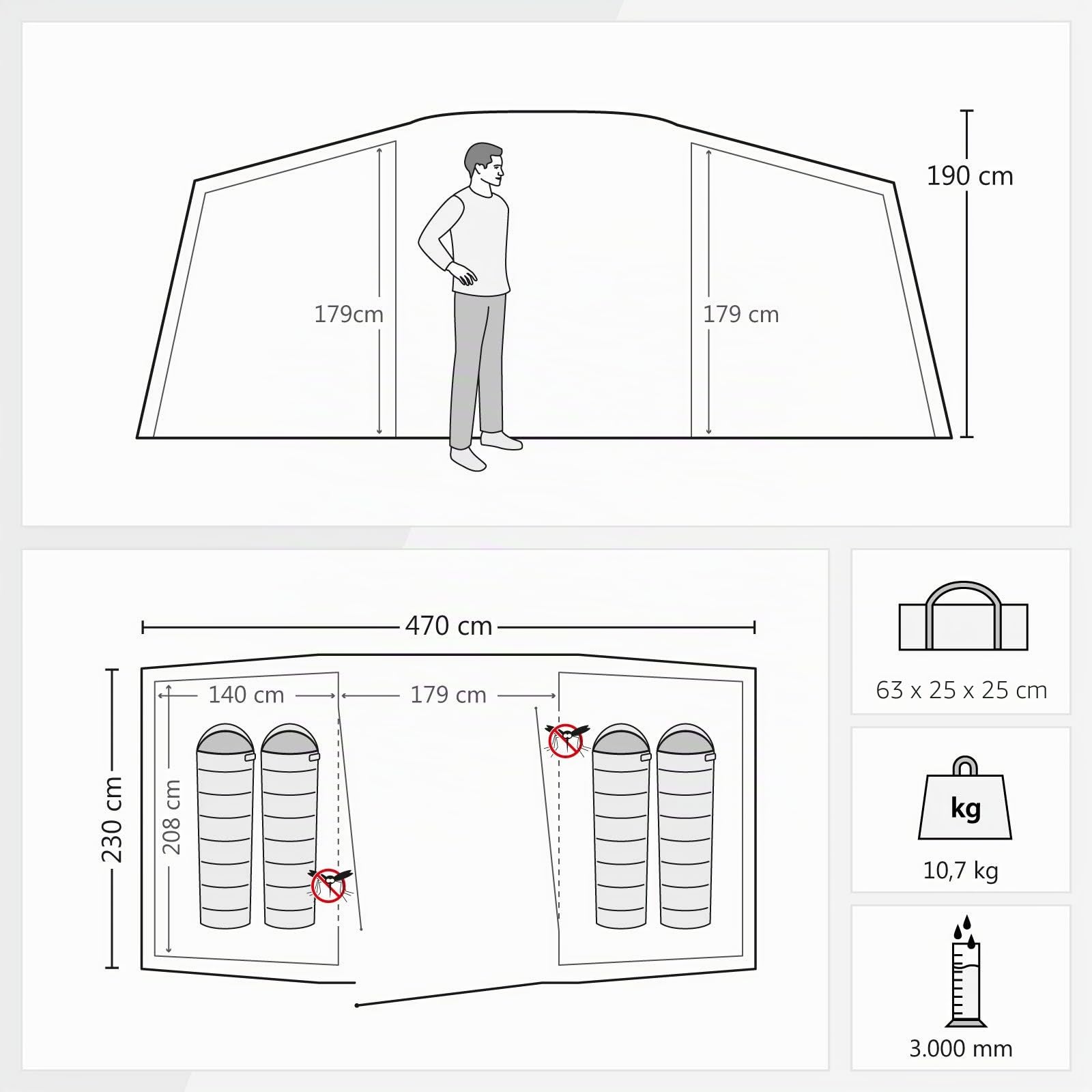 JUSTCAMP Lake 4 Tienda de Campaña Familiar 4 Personas (470 x 230 x 190 cm)