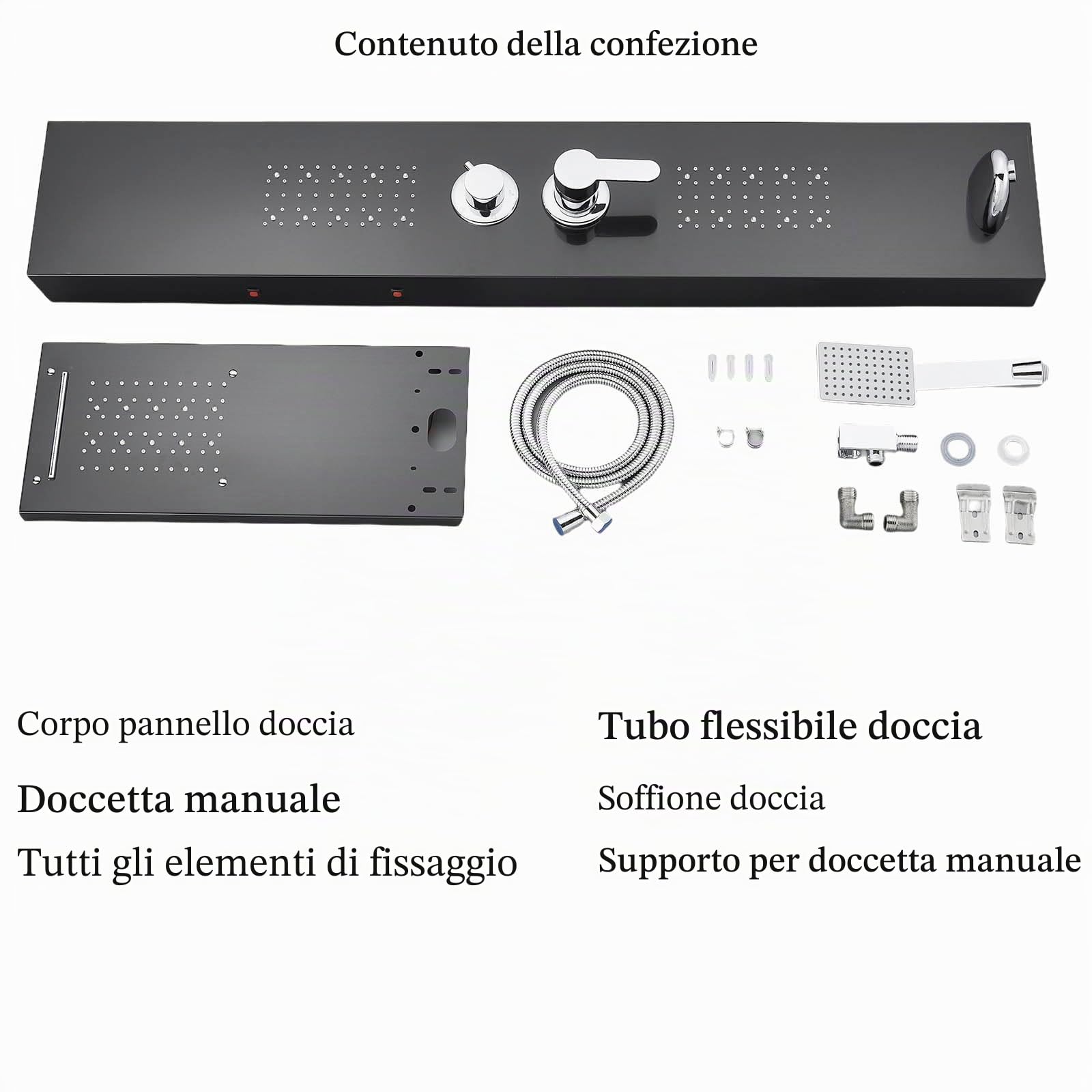 Pannello doccia a parete con sistema LED, colonna doccia multifunzionale con doccia a pioggia, cascata, massaggio, doccetta manuale, rubinetto, set completo con pannello doccia e