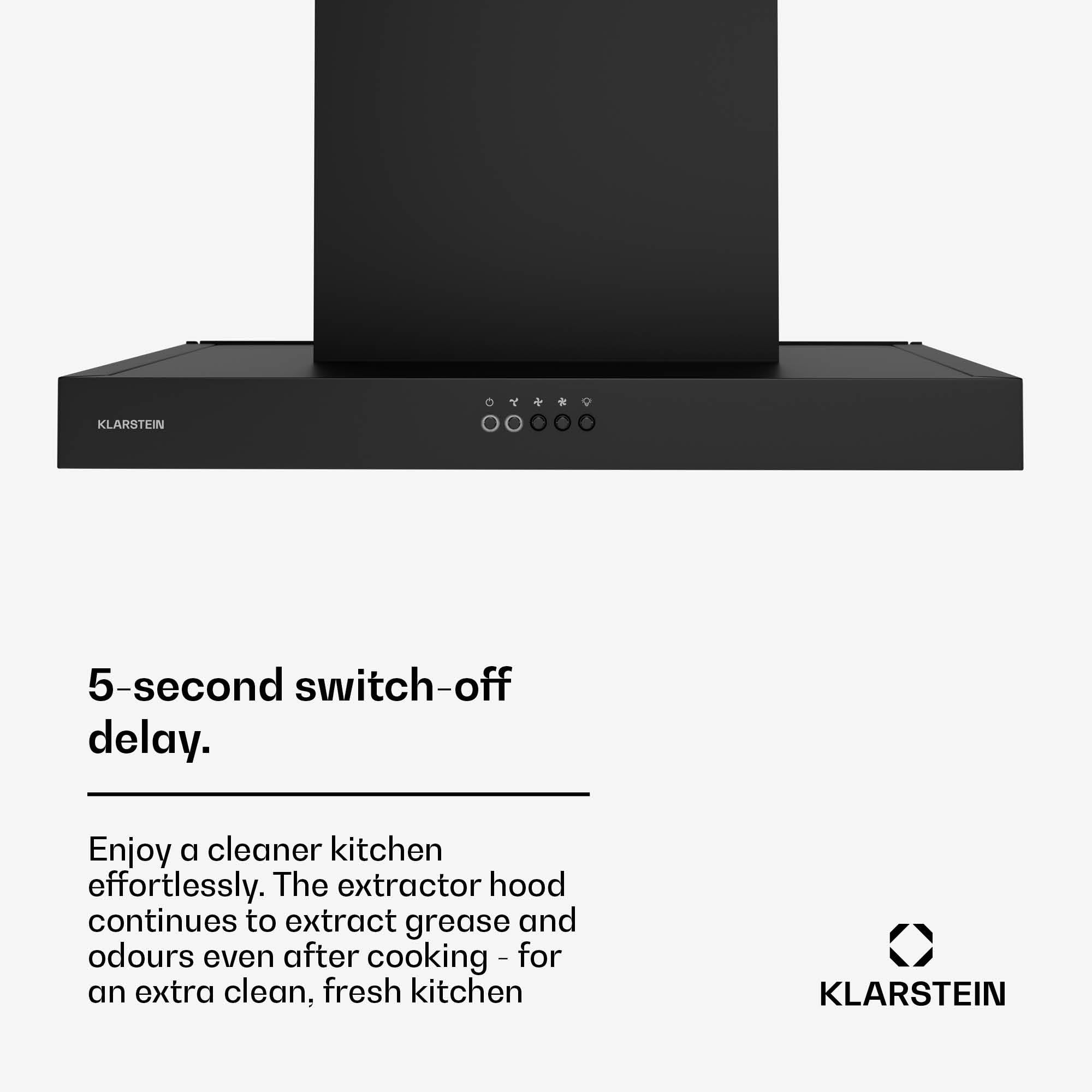 Klarstein AeroClean Okap kuchenny - Okap ścienny 60 cm, Tryb Boost 721 m³/h, Klasa energetyczna A++, Oświetlenie LED 3800-4200 K, Przyciski, Czarny, Wyciąg i recyrkulacja