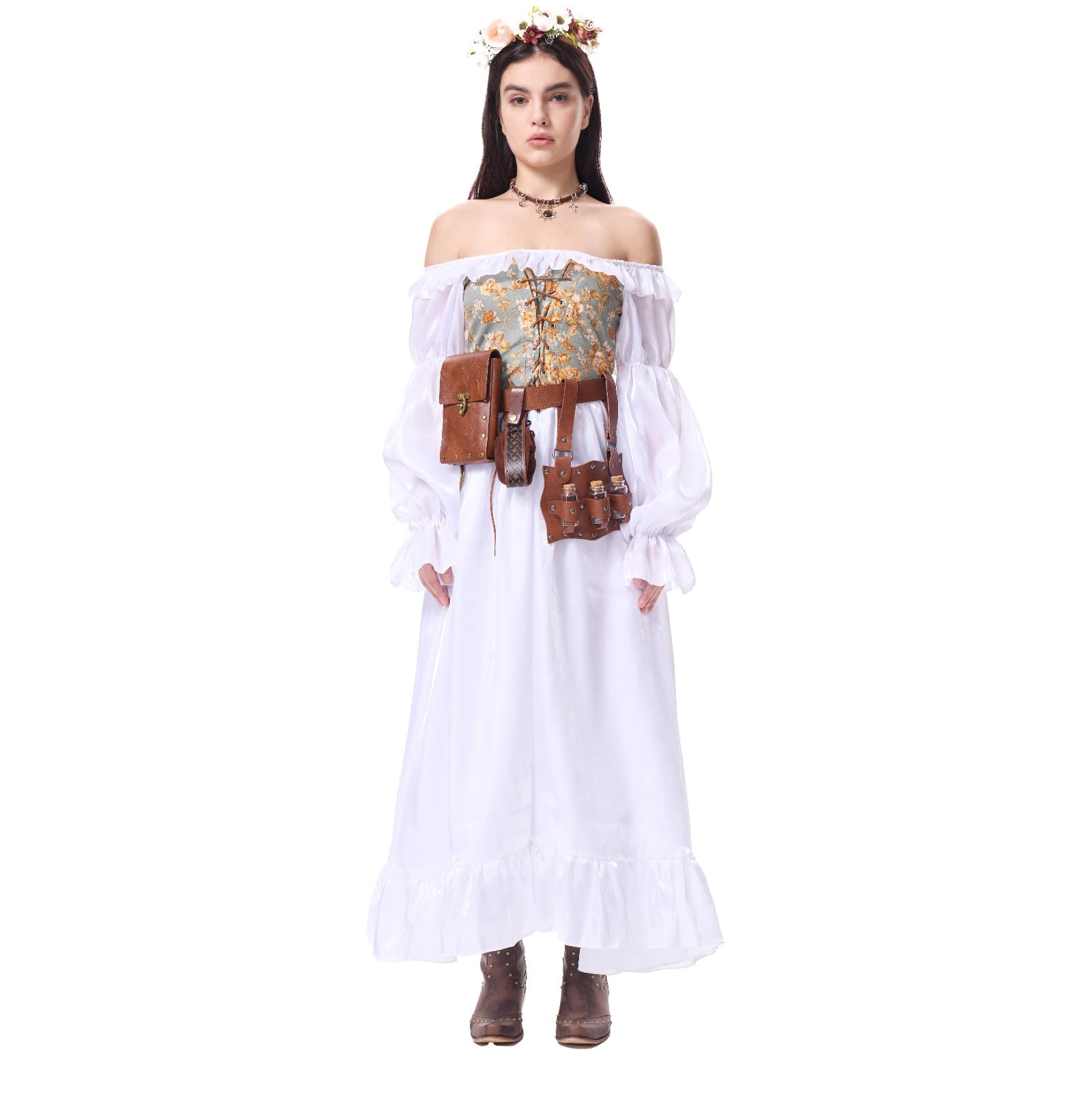 Ansenesna Halloween Kostüm Damen Piratenkostüm Damen Komplett Set | Mittelalter Kleidung Mieder Gothic Kleid Vintage Korsett Kleid Elegant Langarm Schulterfrei Renaissance Faschingskostüme