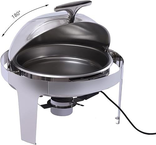 Miniatura 3 de Juego de bufé redondo de acero inoxidable de 6 litros, temperatura ajustable de 131.0 °F-185.0 °F, calentador de alimentos con 2 sartenes, soporte
